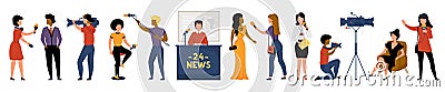 Journalists. Cartoon reporters, videographers and news presenter interviewing people, talk show cast and bloggers set Vector Illustration