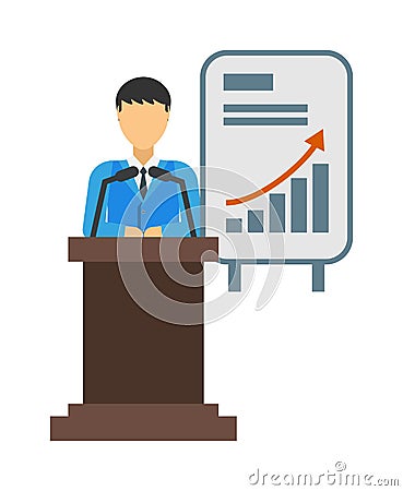 Journalists microphones, dictaphones and man standing at rostrum report conference vector. Vector Illustration