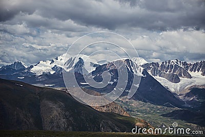 Journey through Altai Mountains, amazing nature of mountain peaks, rivers and streams flow down from slope of mountains. Altai Stock Photo