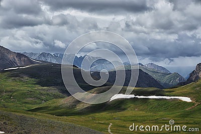 Journey through Altai Mountains, amazing nature of mountain peaks, rivers and streams flow down from slope of mountains. Altai Stock Photo