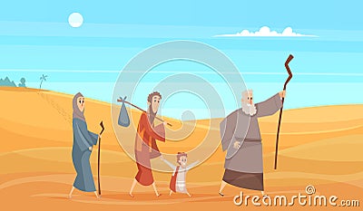 Journey of bible characters. Narrative historical background holy people going in dessert landscape from scenery god Vector Illustration