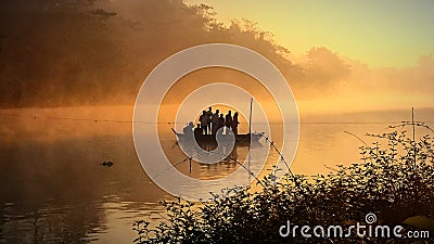 Journey by boat at winter morning Stock Photo