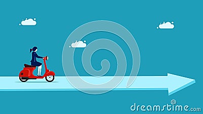 The journey forward. Business woman driving a motorcycle along the arrow Vector Illustration