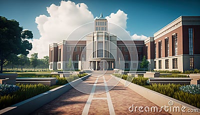 Journey Through the Heart of a Large University Campus with Main Building, Generative AI Stock Photo