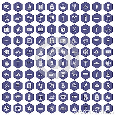 100 journey icons hexagon purple Vector Illustration