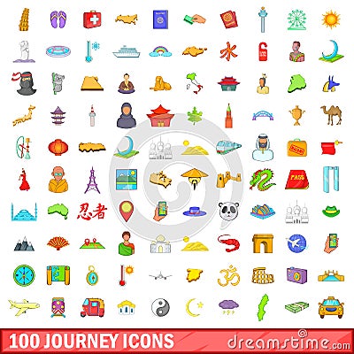 100 journey icons set, cartoon style Vector Illustration