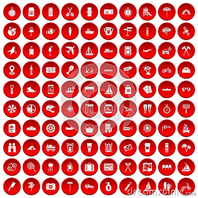 100 journey icons set red Vector Illustration