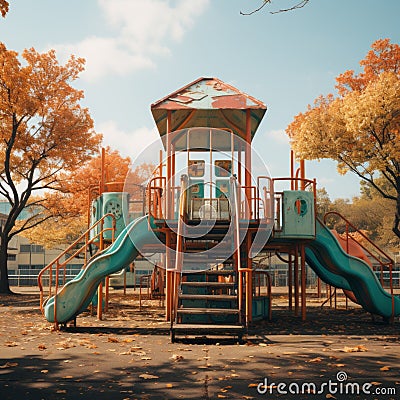 empty weathered old-style playground, with a fading slide,a park in autumn with leaves on the floor, generative ai Stock Photo