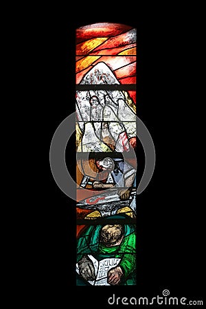 The journey of the nation at the end of the day on Mount Sinai, stained glass window in Saint James church in Sontbergen, Germany Stock Photo