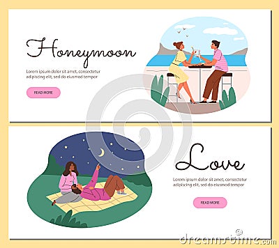 Journey outdoors vacation, traveling in honeymoon vector cartoon flyers set, couple at restaurant, looking at night sky Vector Illustration