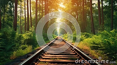 Journey Through the Rails, Exploring the Majestic Landscape Along the Railroad, Train with Forest trees along a railroad Stock Photo