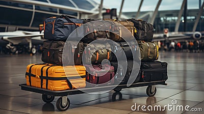 Journey's Commencement - A cart full of luggage in an airport. Generative AI Stock Photo