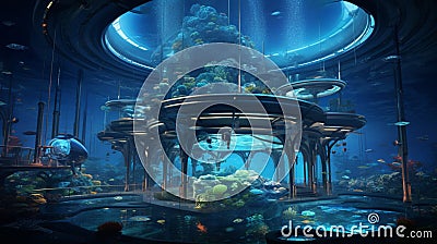 Rendering of a Futuristic Underwater Research Facility with Marine Labs and Exploration Drones - AI Generative Stock Photo