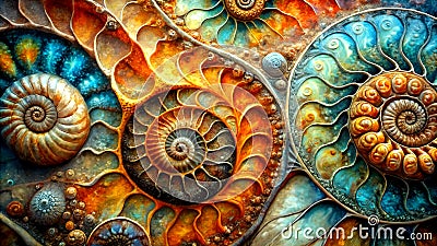 A Journey Through Time: An Abstract Interpretation of a Fossil Record Generative AI Deep art Stock Photo