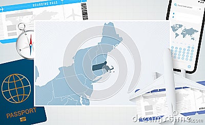 Journey to Massachusetts, illustration with a map of Massachusetts. Background with airplane, cell phone, passport, compass and Vector Illustration