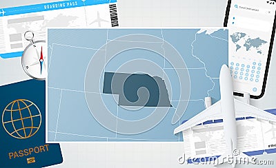 Journey to Nebraska, illustration with a map of Nebraska. Background with airplane, cell phone, passport, compass and tickets Vector Illustration