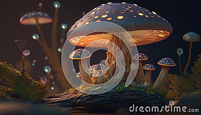 Journey Through a Translucent Fungi Forest, Discovering the Magic of Bioluminescent Mushrooms. Generative AI Stock Photo