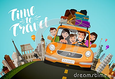 Journey, travel concept. Happy family rides in car on vacation. Cartoon vector illustration Vector Illustration