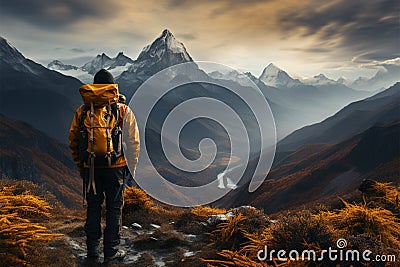 Journey unfolds as a traveler, yellow backpacked, embraces mountain beauty Stock Photo