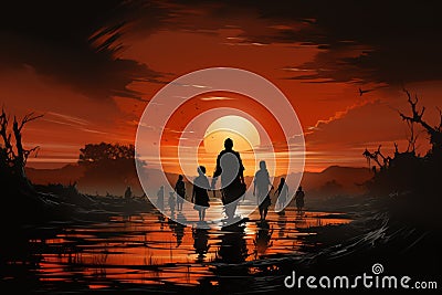 The journey unfolds, silhouettes of emigrants etching stories of resilience Stock Photo