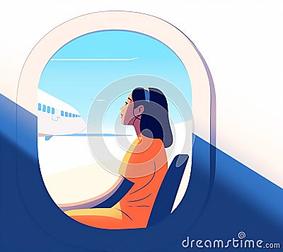 woman passenger trip window flight seat character plane journey transportation airline. Generative AI. Stock Photo