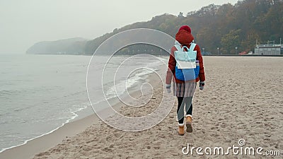 Joven con mochila camina por la playa de arena marina en el día de otoño, niebla metrajes Joven con mochila camina por la playa de arena marina en el día de otoño, niebla metrajes
