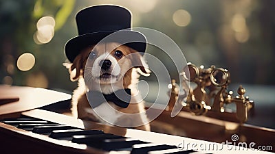 A jovial Bordeaux puppy with a wide grin, wearing a tiny top hat , seated at a miniature piano Stock Photo