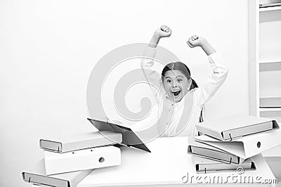 Joy concept. Schoolgirl feel joy and energy of homework done. Happy child smile with joy. Educate your girl and boy to Stock Photo