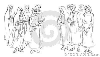 Five wise and five foolish virgins. Pencil drawing Stock Photo