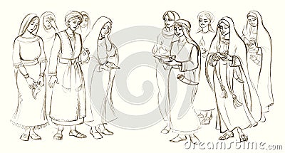 Five wise and five foolish virgins. Pencil drawing Stock Photo