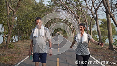 Joyeux couple senior main tendue et exercice de marche au parc le soir au coucher du soleil. smiley active asiatique amateur âgé a banque de vidéos Joyeux couple senior main tendue et exercice de marche au parc le soir au coucher du soleil. smiley active asiatique amateur âgé a banque de vidéos