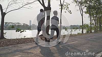 Joyeux couple senior main tendue et exercice de marche au parc le soir au coucher du soleil. smiley active asiatique amateur âgé a banque de vidéos Joyeux couple senior main tendue et exercice de marche au parc le soir au coucher du soleil. smiley active asiatique amateur âgé a banque de vidéos
