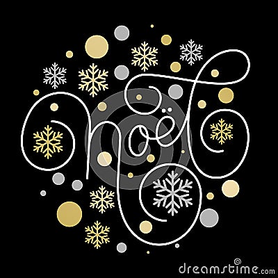 Joyeux Noel French Merry Christmas hand drawn calligraphy lettering on golden snowflake ornament pattern black background. Vector Vector Illustration