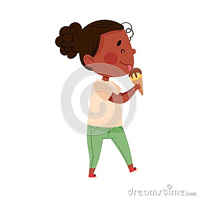 Joyful African American Girl Character Eating Ice Cream in Waffle Cone Vector Illustration Vector Illustration