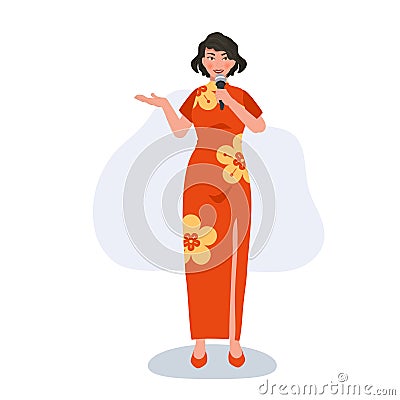 Joyful Asian Model in Red Dress with microphone. Cultural Elegance for Chinese New Year Vector Illustration