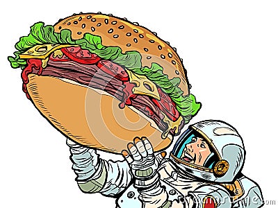 Joyful astronaut man and a huge burger. Street food fast food. Hungry man Happiness positive smile Vector Illustration