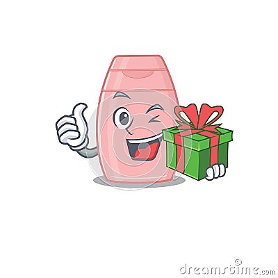 Joyful baby cream cartoon character with a big gift box Vector Illustration