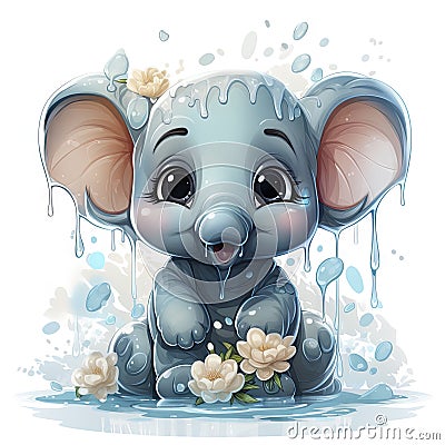 Joyful baby elephant with water droplets, surrounded by delicate flowers and playful bubbles. Stock Photo