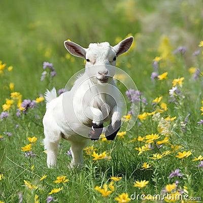 Joyful baby goat leaps among flowers in sunny field Stock Photo