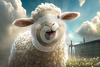 Joyful baby lamb with a toothy grin, surrounded by green fields and fluffy white clouds Stock Photo