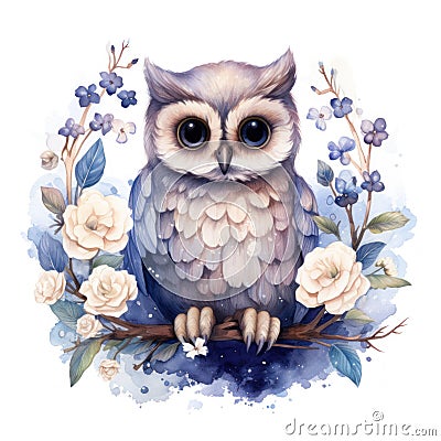 Joyful Baby Owl Perched in Moonlit Forest with Nocturnal Blooms AI Generated Cartoon Illustration