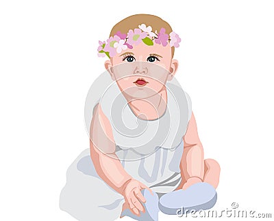 Joyful baby in white dress and socks with flower crown on head. Smiling and wondering Vector Illustration