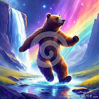 Joyful bear dancing in water under rainbow sky Stock Photo