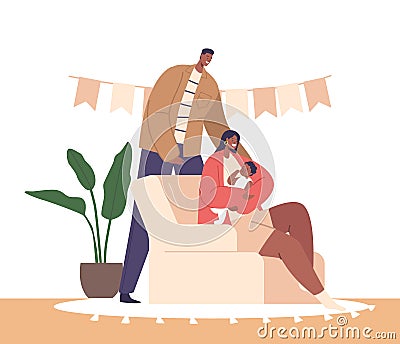 Joyful Black Couple Characters Embracing Their Newborn Baby, Radiating Love And Happiness, Vector Illustration Vector Illustration