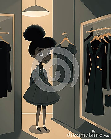 A joyful black girl trying on a n outfit in a chic dressing room.. AI generation Stock Photo