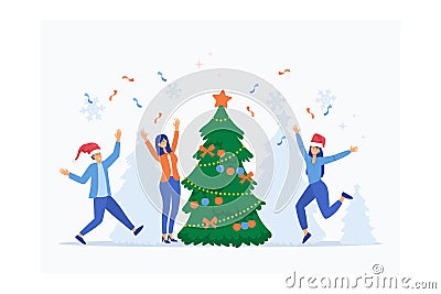 Joyful business men, women persons having party celebrating New Year Day. Happy colleagues dancing, giving gifts in office with Vector Illustration
