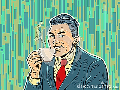 Joyful businessman drinking morning coffee. Hot drink. Cappuccino cocoa tea Vector Illustration