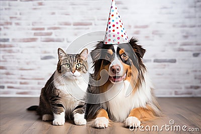 Joyful Cat and Dog Sporting Party Hats for a Festive Birthday Bash with Space for Text Stock Photo