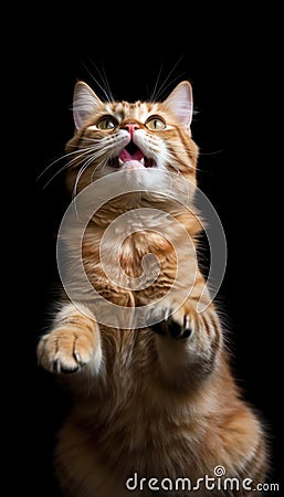 Joyful Cat Posing for TV Food Commercial on Black Background . Stock Photo