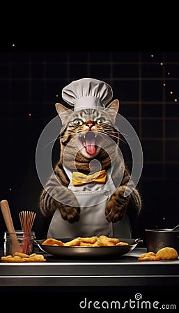 Joyful Cat Posing for TV Food Commercial on Black Background . Stock Photo